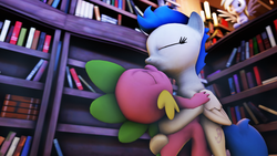 Size: 1191x670 | Tagged: dead source, safe, artist:udacom, derpy hooves, nightshade, spike, pegasus, pony, g4, 3d, caught, cute, female, kissing, male, mare, ship:nightspike, shipping, source filmmaker, straight, watching