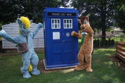 Size: 4912x3264 | Tagged: safe, artist:judhudson, derpy hooves, doctor whooves, time turner, human, g4, cosplay, doctor who, fursuit, irl, irl human, photo, tardis, the doctor