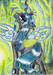 Size: 1744x2470 | Tagged: safe, artist:darkcherry87, queen chrysalis, changeling, changeling queen, g4, female, solo, traditional art