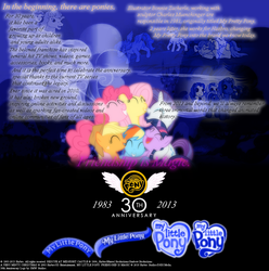 Size: 991x1000 | Tagged: safe, screencap, applejack, applejack (g1), firefly, fluttershy, megan williams, pinkie pie, rainbow dash, rarity, twilight sparkle, human, g1, g3, g4, 30th anniversary, female, g1 to g4, g3 to g4, generation leap, logo, text