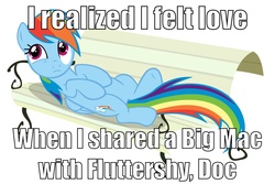 Size: 2738x1825 | Tagged: safe, fluttershy, rainbow dash, pegasus, pony, g4, bench, big mac (burger), caption, female, image macro, implied big macintosh, implied bisexual, implied fluttermac, implied group sex, implied rainbowmac, implied sex, implied threesome, innuendo, mare, mcdonald's, on back, ship:flutterdash, shipping, simple background, solo, white background