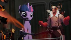 Size: 1192x670 | Tagged: safe, artist:fezwearingdoctor, twilight sparkle, g4, 3d, gmod, gun, hat, medic, science