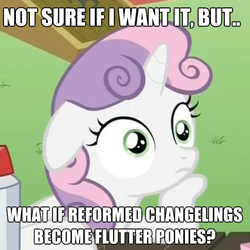 Size: 499x500 | Tagged: safe, edit, edited screencap, screencap, sweetie belle, changeling, flutter pony, g4, ponyville confidential, female, hilarious in hindsight, impact font, meme, solo, speculation, sudden clarity sweetie belle, text, theory