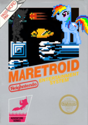 Size: 706x1000 | Tagged: safe, artist:nickyv917, daring do, rainbow dash, changeling, g4, 8-bit, box art, game cover, metroid, nintendo, nintendo entertainment system, parody