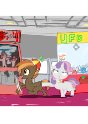 Size: 599x848 | Tagged: safe, artist:tish, button mash, sweetie belle, earth pony, parasprite, pony, unicorn, g4, arcade, arcade game, crane game, dragging, female, house of the dead, male, pun, ship:sweetiemash, shipping, straight, uninterested