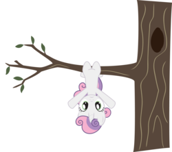 Size: 2162x1917 | Tagged: safe, artist:necr0manc3r, sweetie belle, pony, unicorn, g4, anatomically incorrect, female, filly, foal, horn, incorrect leg anatomy, simple background, solo, suspended, transparent background, tree, upside down