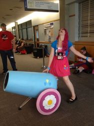 Size: 480x640 | Tagged: safe, artist:fixinman, artist:irma-nerd, artist:snivellypuff, pinkie pie, human, g4, animethon, cosplay, craft, glasses, irl, irl human, mary janes, partillery, party cannon, photo