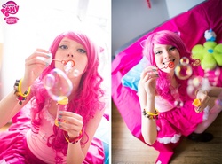 Size: 1000x740 | Tagged: safe, artist:ainlina, pinkie pie, human, g4, bubble, cosplay, irl, irl human, photo, solo