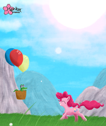 Size: 1024x1220 | Tagged: safe, artist:clouddg, gummy, pinkie pie, alligator, earth pony, pony, g4, balloon, basket, duo, floating, hill, scenery, sun