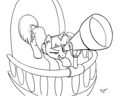 Size: 1024x768 | Tagged: safe, artist:topgull, twilight sparkle, g4, balcony, female, lineart, monochrome, scrunchy face, solo, stargazing, telescope, tongue out