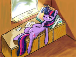 Size: 1160x870 | Tagged: safe, artist:luciferamon, twilight sparkle, pony, unicorn, g4, book, female, mare, morning ponies, on back, one eye closed, solo, tired, uncomfortable