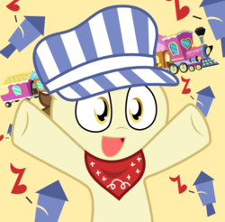 Size: 562x553 | Tagged: safe, artist:chainchomp2, artist:pupster0071, steamer, earth pony, pony, g4, :d, cheering, cute, friendship express, hat, male, music notes, nya, open mouth, smiling, solo, stallion, svg, train, vector