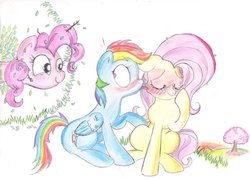 Size: 1024x735 | Tagged: safe, artist:shy-ladybug, fluttershy, pinkie pie, rainbow dash, g4, blushing, female, lesbian, licking, ship:flutterdash, shipping