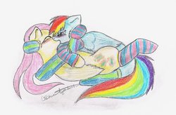 Size: 1024x673 | Tagged: safe, fluttershy, rainbow dash, pegasus, pony, g4, clothes, duo, female, kiss on the lips, kissing, lesbian, mare, ship:flutterdash, shipping, signature, snuggling, socks, striped socks, traditional art