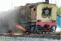Size: 1200x806 | Tagged: safe, fluttershy, pony, g4, cutie mark, gif, non-animated gif, photo, photoshop, rail grinder, railroad, russia, solo, sparks, train