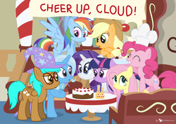 Size: 1280x907 | Tagged: safe, artist:dm29, applejack, fluttershy, pinkie pie, rainbow dash, rarity, trixie, twilight sparkle, oc, oc:cloud tumble, alicorn, pony, g4, cake, cider, comforting, female, ice cream, mare, party, trixietumble, twilight sparkle (alicorn)