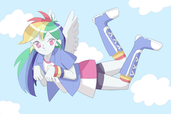 Size: 1350x900 | Tagged: safe, artist:kokemomo, rainbow dash, equestria girls, g4, female, flying, pixiv, solo