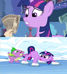 Size: 850x931 | Tagged: safe, edit, edited screencap, screencap, spike, twilight sparkle, dragon, pony, unicorn, g4, winter wrap up, butt touch, comic, female, fistful of yen, hand on butt, ice skating, male, mare, money