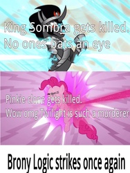 Size: 1000x1332 | Tagged: safe, edit, edited screencap, screencap, king sombra, pinkie pie, g4, the crystal empire, too many pinkie pies, caption, comic, imminent death, insane troll logic, op is a duck, pinkie clone, screencap comic, text