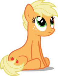 Size: 2643x3454 | Tagged: safe, artist:austiniousi, applejack, g4, alternate hairstyle, female, looking up, pixie cut, short hair, short mane, simple background, sitting, solo, transparent background