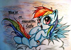 Size: 1893x1330 | Tagged: safe, artist:tomek2289, rainbow dash, g4, cloud, cloudy, female, solo, text, traditional art