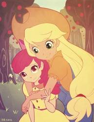 Size: 634x822 | Tagged: safe, artist:kerriwon, apple bloom, applejack, human, g4, humanized, sisters