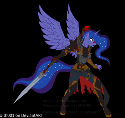 Size: 1641x1550 | Tagged: safe, artist:ulth001, princess luna, anthro, unguligrade anthro, g4, armor, black background, dragon age, dragon age 2, ethereal mane, female, simple background, solo, starry mane, sword, weapon