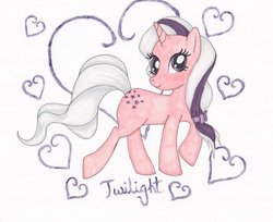 Size: 1024x835 | Tagged: safe, artist:lovellschibichara, twilight, g1, g4, female, g1 to g4, generation leap, solo, text, traditional art