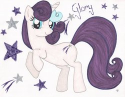 Size: 1024x794 | Tagged: safe, artist:lovellschibichara, glory, g1, g4, female, g1 to g4, generation leap, solo, text, traditional art