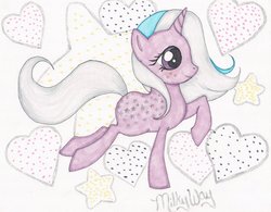 Size: 1024x798 | Tagged: safe, artist:lovellschibichara, milky way, g1, g4, female, g1 to g4, generation leap, solo, text, traditional art