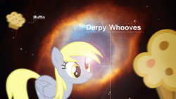 Size: 1920x1080 | Tagged: safe, artist:kittykai-art, derpy hooves, pegasus, pony, g4, female, lens flare, mare, muffin, solo, space, vector, wallpaper