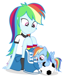 Size: 770x930 | Tagged: safe, artist:dm29, rainbow dash, human, pegasus, pony, equestria girls, g4, cute, dashabetes, duality, duo, female, filly, football, hnnng, human ponidox, julian yeo is trying to murder us, mare, petting, pony pet, simple background, square crossover, transparent background