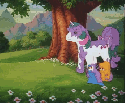 Size: 346x287 | Tagged: safe, screencap, gusty, megan williams, the smooze, bushwoolie, human, pony, g1, my little pony: the movie (g1), animated, bow, female, smoozed, tail bow, there's always another rainbow