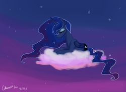 Size: 966x706 | Tagged: safe, artist:celeste-cat, princess luna, g4, cloud, eyes closed, female, night, prone, solo