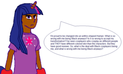 Size: 864x517 | Tagged: safe, artist:succubi-anubis, twilight sparkle, human, g4, butthurt, dark skin, female, horn, horned humanization, humanized, rant, solo