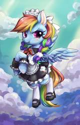 Size: 2250x3507 | Tagged: safe, artist:akamei, rainbow dash, pegasus, pony, g4, alternate hairstyle, blushing, braid, braided pigtails, clothes, cloud, crossed hooves, cute, dashabetes, dressup, female, flying, maid, mary janes, pixiv, rainbow dash always dresses in style, rainbow maid, scrunchy face, sky, solo