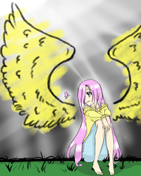 Size: 800x998 | Tagged: safe, artist:shizuarisugawa, fluttershy, butterfly, human, g4, barefoot, clothes, feet, female, graffiti, humanized, solo, sweater, sweatershy