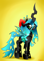 Size: 2702x3760 | Tagged: safe, artist:carligercarl, queen chrysalis, changeling, changeling queen, g4, bow, crown, female, jewelry, regalia, solo