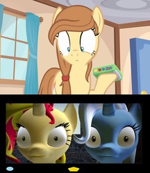 Size: 926x1073 | Tagged: safe, sunset shimmer, trixie, oc, oc:cream heart, earth pony, pony, unicorn, g4, cutie mark, exploitable meme, female, hooves, mare, meme, solo, stare, tv meme