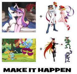 Size: 1331x1281 | Tagged: safe, artist:johnjoseco, princess cadance, shining armor, snails, snips, trixie, g4, boyacky, doronjo, exploitable meme, make it happen, meme, tonzura, yatterman, yatterman-1, yatterman-2