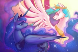 Size: 713x475 | Tagged: safe, artist:tiikay, princess celestia, princess luna, g4, large wings, long mane, long tail, looking at each other, looking at someone, royal sisters, siblings, sisters, tail, wings