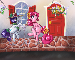 Size: 1024x819 | Tagged: safe, artist:rastaquouere69, pinkie pie, rarity, g4, alternate hairstyle, cafe, coffee, female, flower, hat, lesbian, ship:raripie, shipping