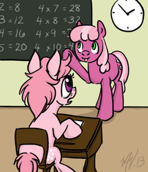 Size: 516x600 | Tagged: safe, artist:sumireshee, cheerilee, cotton candy (g1), g1, g4, chair, chalkboard, classroom, clock, desk, g1 to g4, generation leap, sitting
