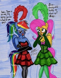 Size: 1294x1637 | Tagged: safe, artist:newyorkx3, fluttershy, rainbow dash, anthro, g4, blushing, can-can, can-can dress, cleavage, clothes, dialogue, dress, embarrassed, female, in character, traditional art