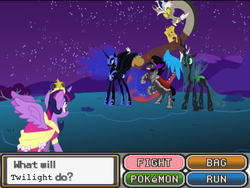 Size: 1024x768 | Tagged: safe, edit, discord, king sombra, nightmare moon, queen chrysalis, twilight sparkle, alicorn, pony, g4, antagonist, clothes, coronation dress, discord is the trainer, dress, female, fight, mare, pokémon, triple battle, twilight sparkle (alicorn)