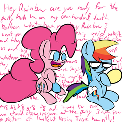 Size: 2048x2048 | Tagged: safe, artist:olympic tea bagger, pinkie pie, rainbow dash, g4, balloon, female, lesbian, party, ship:pinkiedash, shipping, wall of text