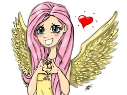 Size: 1024x768 | Tagged: safe, artist:dominicuong9716, fluttershy, human, g4, blushing, female, heart, heart hands, humanized, solo, winged humanization