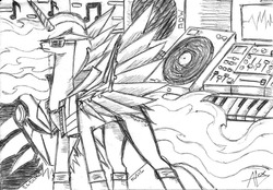 Size: 1016x708 | Tagged: safe, artist:alexdaftwolf, oc, oc only, alicorn, pony, alicorn oc, keyboard, monochrome, music notes, musical instrument, piano, solo