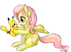 Size: 4500x3300 | Tagged: safe, artist:twiddledittle, fluttershy, pegasus, pikachu, pony, g4, crossover, female, mare, pokémon, simple background, transparent background