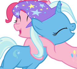 Size: 2283x2047 | Tagged: safe, artist:yagamaru, pinkie pie, trixie, earth pony, pony, unicorn, g4, digital art, duo, female, happy, hat, high res, hug, mare, simple background, smiling, transparent background, vector